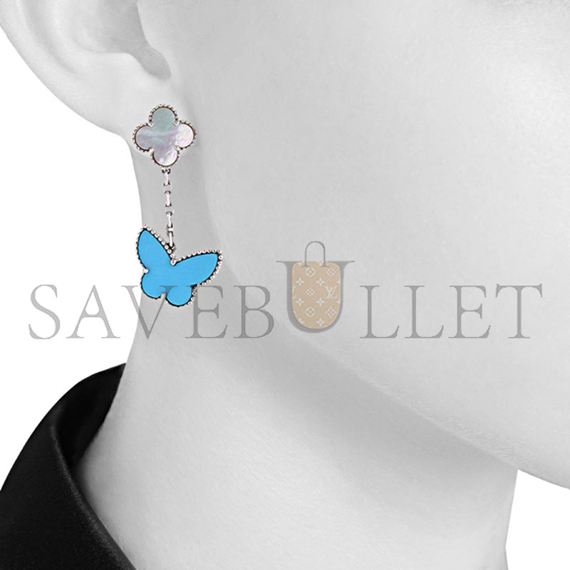 V*n Cl**f arpels lucky alhambra pendants earrings in white gold, mother of pearl and turquoise